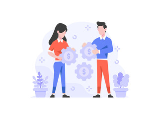 Vector Illustration business finance man and women doing money management setting gear strategy people character flat design style
