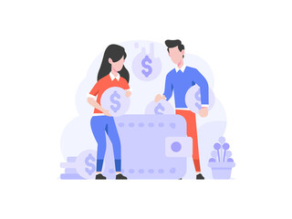 Vector Illustration Business finance man saving money on wallet fintech bank for savings people character flat design style