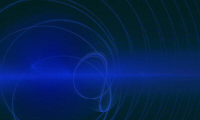 Dynamic blue glowing rings of sound waves or radiance in deep dark space. 3d digital artistic illustration. Rhythm and vibration concept. Great as background, cover, print or element of design. - 458897521