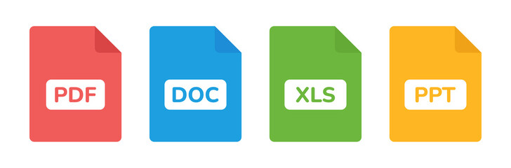 Document file icons set. Containing PDF, DOC, XLS and PPT icon vector illustration.