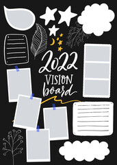 Wish board template with place for goals, dreams list, travel plans and inspiration. Vision collage for teens, nursery poster design. Journal page for planning, new year resolutions in 2022. Vision