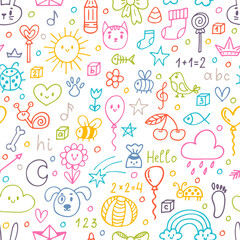 Hand drawn children drawings. Colored seamless pattern. Background for cute little boys and girls. Doodle background