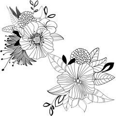 One black outline flower, branch and leaves.Isolated on white background.Hand drawn.For floral design, cosmetic products,greeting card,invitations,coloring book.Vector stock illustration.