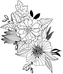 One black outline flower, branch and leaves.Isolated on white background.Hand drawn.For floral design, cosmetic products,greeting card,invitations,coloring book.Vector stock illustration.