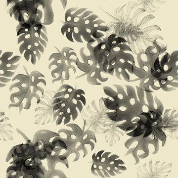 White Monstera Pattern Set. Seamless Palm. Gray Watercolor Jungle. Tropical Design. Floral Garden. Summer Wallpaper. Vintage Wallpaper.Botanical Textile.