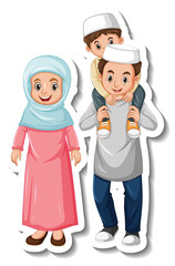 Sticker template with Muslim family cartoon character
