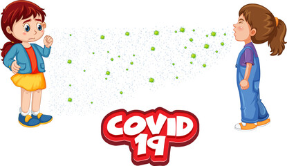 Naklejka premium Covid-19 font in cartoon style with a girl look at her friend sneezing isolated on white background