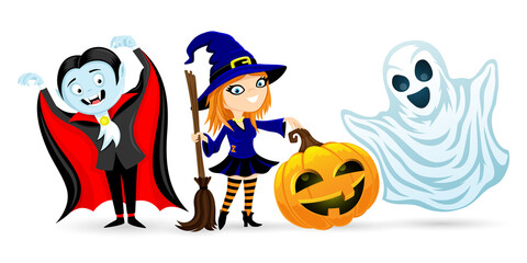 Vampire, witch, pumpkin and ghost, characters on white background for Halloween celebration.
