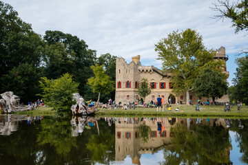 Fototapeta premium Januv hrad, South Moravia, Czech Republic, 04 July 2021: John's Castle or Janohrad ancient artificial ruins above river, Liechtenstein summer residence, Lednice Valtice UNESCO areal in sunny day