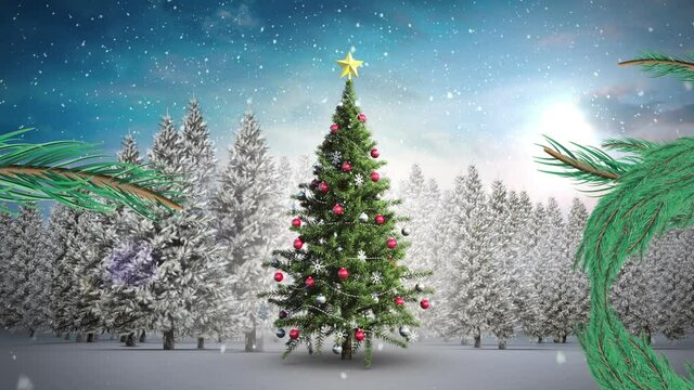 Animation of snow falling over christmas tree in winter landscape
