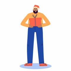 young man with a beard is holding a gift and smiling. a man in a santa hat. holidays, christmas. vector flat illustration.
