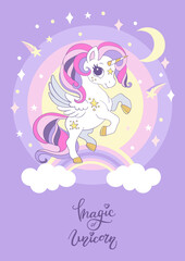 Cute cartoon unicorn on a rainbow poster vector illustration