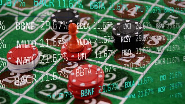 Animation of financial data processing over stacks of casino game chips on board