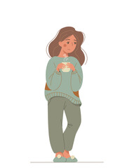 Nice cartoon upset woman in warm clothes drinks a hot tea.