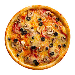 Isolated pizza with mushrooms and olives on white background