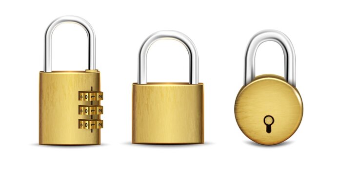 3d realistic vector set of round, square  golden padlock open and closed. 