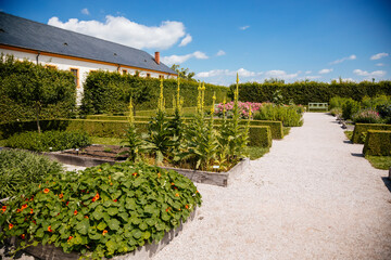 Obraz premium Kuks, East Bohemia, Czech Republic, 10 July 2021: baroque castle and hospital Kuks with herb garden and statues, Beautiful complex with chateau at sunny summer day, flowers, vegetables and fruits.