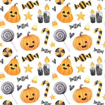 Halloween seamless pattern with cute Jack O lantern and halloween treats. Hand painted watercolor digital paper for wrapping paper, wall paper, fabric design, scrapbooking