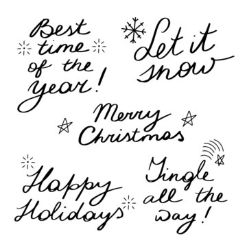 Set of five hand drawn Christmas lettering phrases, vector calligraphy isolated on white background