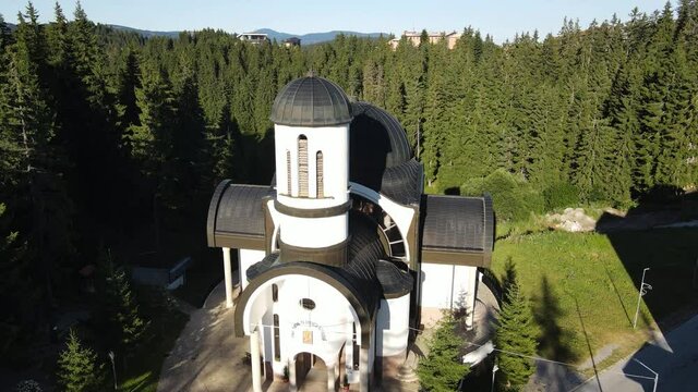 Aerial view of Church of Assumption of the Blessed Virgin in resort of Pamporovo, Smolyan Region, Bulgaria