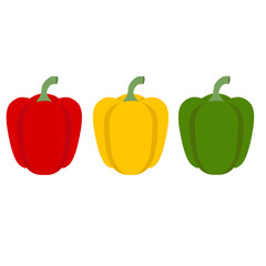set of three peppers on white background. red, yellow, green pepper sign. set of pepper logo. pepper symbol. flat style.