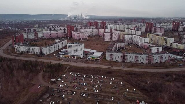 Bratsk city a large industrial center in Russia and Eastern Siberia, aerial shot