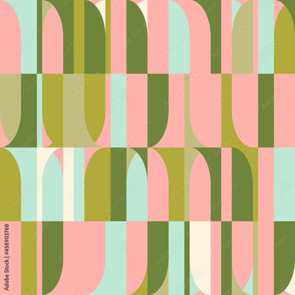 Aufkleber Mid-century geometric abstract vector seamless pattern with simple shapes and retro color palette. Simple composition for web design, branding, invitations, posters, textile and wallpaper.