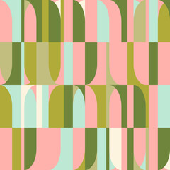 Mid-century geometric abstract vector seamless pattern with simple shapes and retro color palette. Simple composition for web design, branding, invitations, posters, textile and wallpaper.