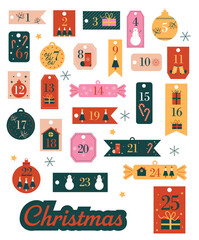 Set d'étiquettes de Noël. Étiquettes pour cadeaux et pour le calendrier de l'avent. Illustrations vectorielles sur le thème de l'hiver et des fêtes de fin d'année. Magie de Noël.	
