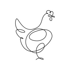 Hen in continuous line art drawing style. Chicken minimalist black linear design isolated on white background. Vector illustration