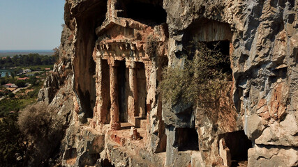 King rock tombs in the ancient city of Kaunos. Dalyan near Iztuzu beach, which is the spawning area of Caretta Caretta. Caunos and Lycian ancient city.