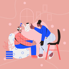 Psychologist woman waters a flower in patient's head from a watering can. Psychotherapy counseling concept. Treatment of depression, stress, mental problems. Flat vector illustration in trendy colors