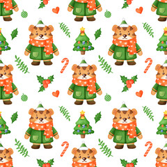Obraz na płótnie Canvas Happy Christmas day and Year of tiger 2022 seamless pattern .