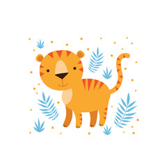 Illustration of tiger and tropical leaves. - 458905119