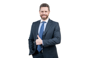 Achieving customer satisfaction for business success. Happy manager give thumbs up. Satisfaction