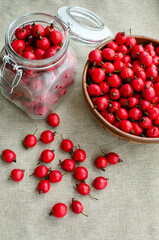 The harvest red hawthorn berries on the table flat lay, close-up