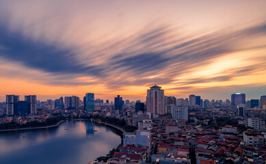 Sunset over the city. Hanoi skyline at sunset