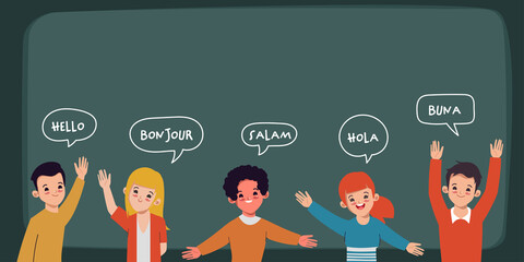 Happy young people saying hello in different languages. © Felizlalala