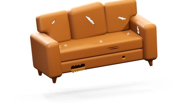 A very old ripped couch. 4k animation with alpha channel. An old broken brown sofa needs repair. 3d render. Large holes, springs, synthetic filler for furniture. Torn pillows, cut mattress.