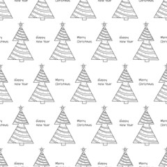 A seamless New Years pattern of stylized decorated Christmas trees. Vector holiday background for packaging, paper and textile products
