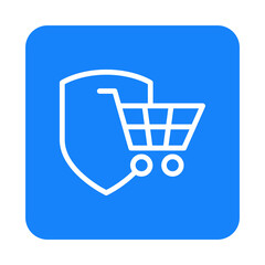 Compra segura. Logotipo con silueta de carrito de la compra con escudo con lineas en cuadrado color azul