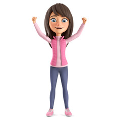Cartoon character girl in a pink jacket celebrating a victory. 3d render illustration.