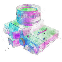 Stylised watercolour sketch of a modern camera in pastel tones. - 458908104