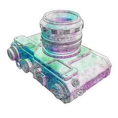Stylised watercolour sketch of a modern camera in pastel tones. - 458908124