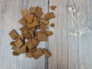 Natural croutons snacks close-up. Rye croutons. Dried bread croutons.