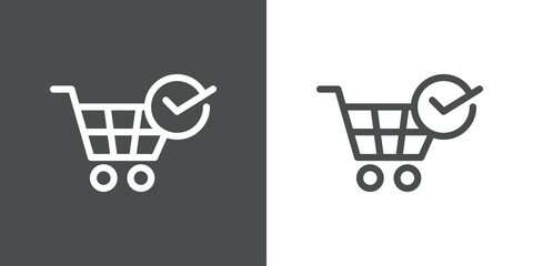 Logotipo con silueta de carrito de la compra con checkmark en círculo con lineas en fondo gris y fondo banco © teracreonte