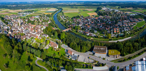Aerial view of the city Andelfingen in Switzerland on a sunny morning day in summer.