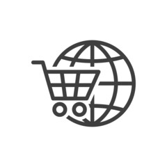 Logotipo con silueta de carrito de la compra con globo terráqueo con lineas en color gris © teracreonte