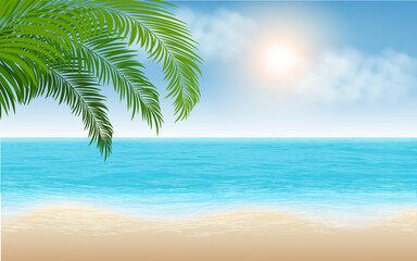 Fototapeta na wymiar summer background. Relistic Beach, tropical sea and palm trees