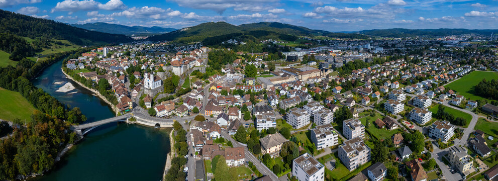 Aerial view of old town of the city Aarburg in Switzerland on a sunny day in summer.
